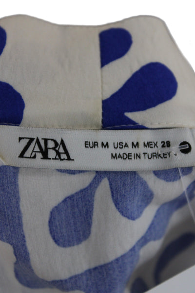 Zara Womens Mini Dress Blue Cotton V Neck 3/4 Sleeve Floral Boho Size M