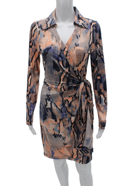 BCBGMAXAZRIA Womens Wrap Dress Multicolor Animal Print Long Sleeve Size S