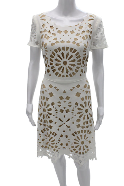 Nue By Shani Women Sheath Dress Beige Scoop Neck Knee Short Sleeve Size 8