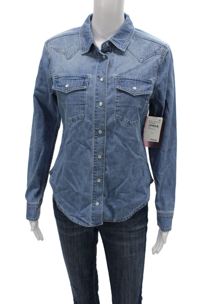 Good American Women Button-Up Long Sleeve Cotton Top Blue Size XS
