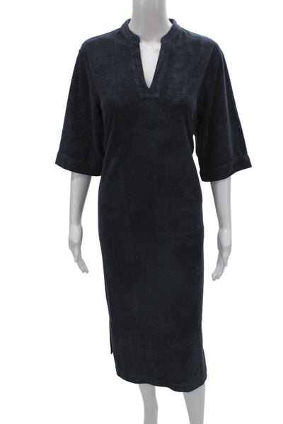 Barefoot Dreams® Womens Shift Dress Blue Henley Mid-Calf Half Sleeve Size XS