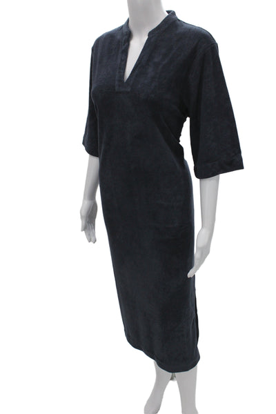 Barefoot Dreams® Womens Shift Dress Blue Henley Mid-Calf Half Sleeve Size XS