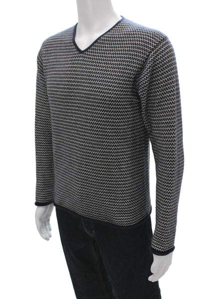 Armani Collezioni Mens Blue 100% Cashmere V Neck Geometric Sweater Size S