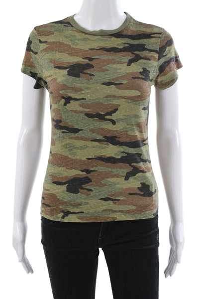 Re/Done Womens Green Camo Basic T-Shirt Crew Neck Short Sleeve Cotton Size S
