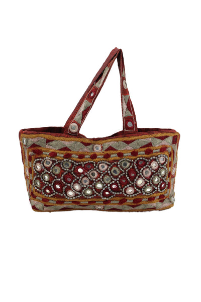 Moyna Womens Mirror Motif Beaded Satchel Shoulder Handbag Red Yellow