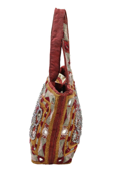 Moyna Womens Mirror Motif Beaded Satchel Shoulder Handbag Red Yellow
