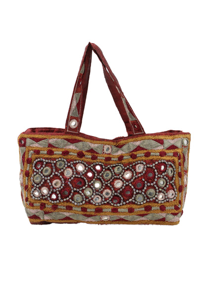 Moyna Womens Mirror Motif Beaded Satchel Shoulder Handbag Red Yellow