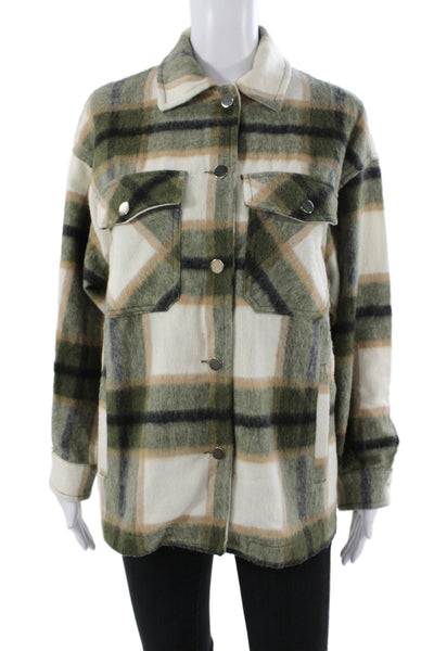 Zara Women Basic Plaid Collared Button Jacket Long Sleeve Green Size XS