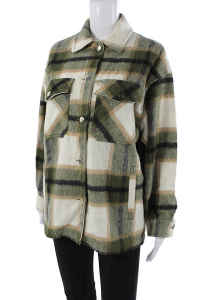 Zara Women Basic Plaid Collared Button Jacket Long Sleeve Green Size XS