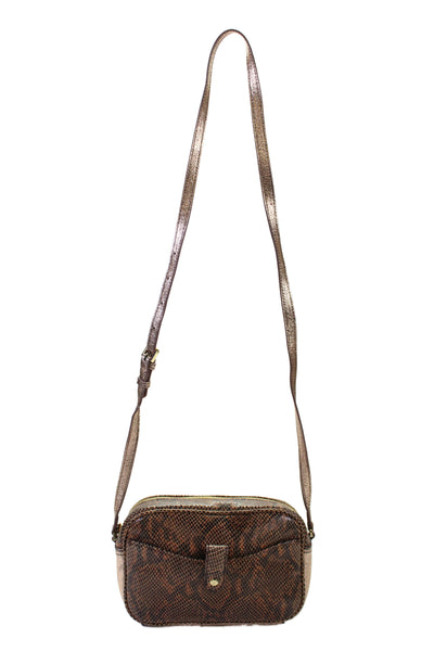Gilt Womens Leather Snakeskin Zip Up Crossbody Handbag Brown Gold