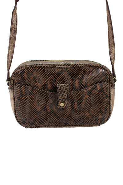 Gilt Womens Leather Snakeskin Zip Up Crossbody Handbag Brown Gold