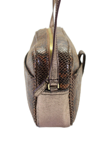 Gilt Womens Leather Snakeskin Zip Up Crossbody Handbag Brown Gold