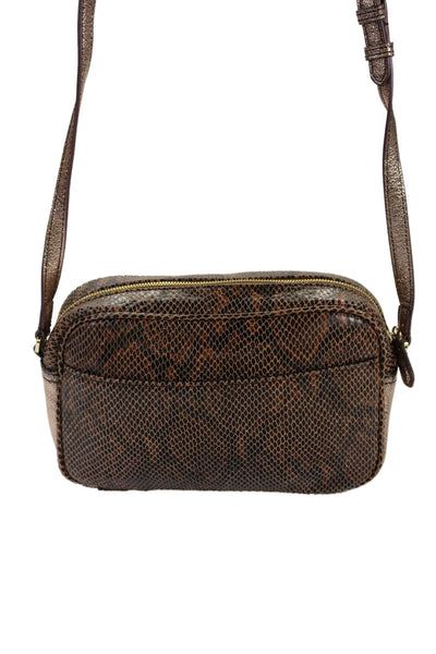 Gilt Womens Leather Snakeskin Zip Up Crossbody Handbag Brown Gold