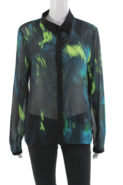 Tahari Womens Basic Collared Button Geometric Long Sleeve Blouse Size M
