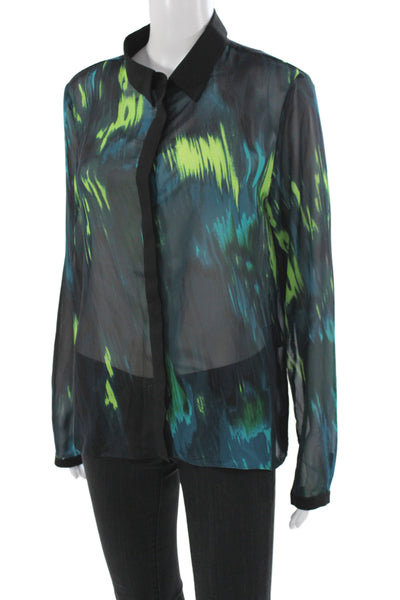 Tahari Womens Basic Collared Button Geometric Long Sleeve Blouse Size M