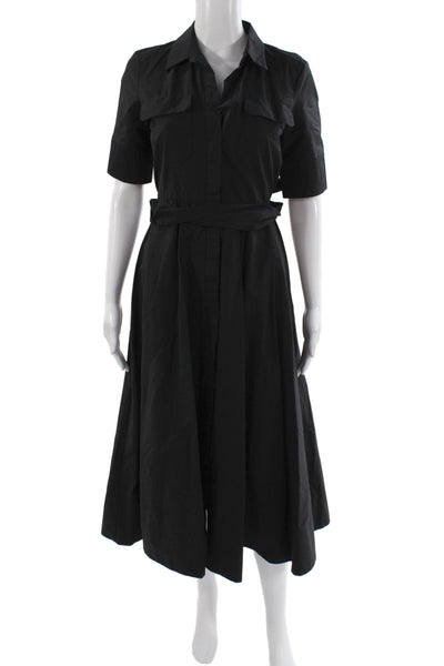 Zara Womens Black Collared Short Sleeve Shirt Dress Cotton Midi Size XS