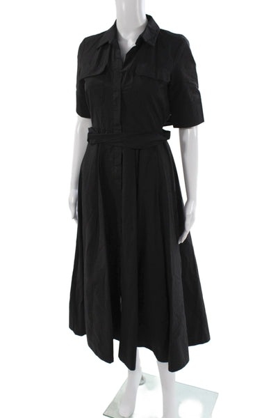 Zara Womens Black Collared Short Sleeve Shirt Dress Cotton Midi Size XS