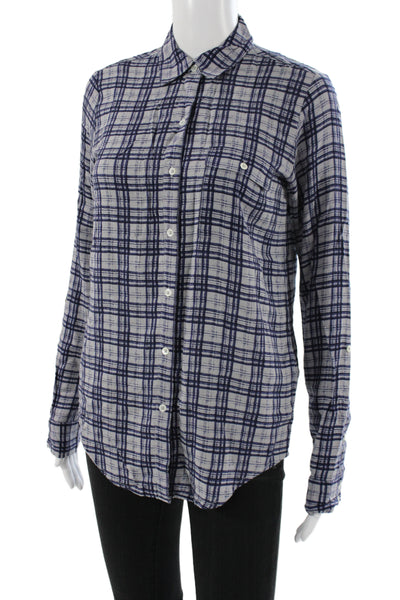 Soft Joie Women Plaid Collared Rayon Button Up Top Long Sleeve Blue Size XS