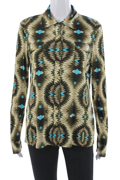 Tory Burch Women Beige Silk Collared Aztec Geometric Long Sleeve Blouse Size M