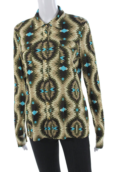 Tory Burch Women Beige Silk Collared Aztec Geometric Long Sleeve Blouse Size M