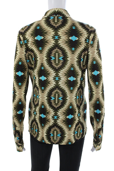 Tory Burch Women Beige Silk Collared Aztec Geometric Long Sleeve Blouse Size M