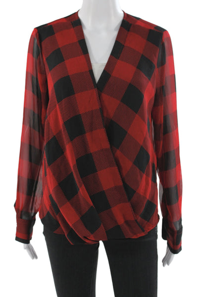 DKNY Women Black Buffalo Plaid V-Neck Tunic Blouse Long Sleeve Button Size S