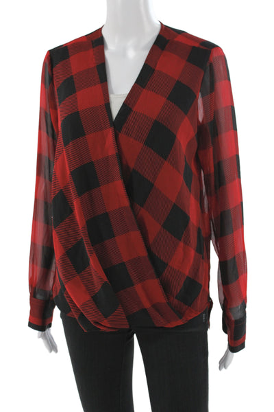DKNY Women Black Buffalo Plaid V-Neck Tunic Blouse Long Sleeve Button Size S
