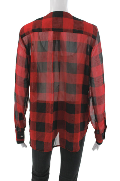 DKNY Women Black Buffalo Plaid V-Neck Tunic Blouse Long Sleeve Button Size S