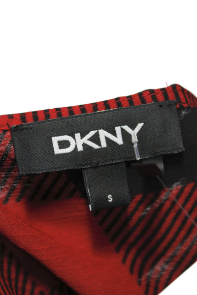 DKNY Women Black Buffalo Plaid V-Neck Tunic Blouse Long Sleeve Button Size S