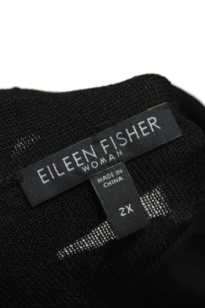 Eileen Fisher Women Black V-Neck Cardigan 3/4 Sleeve Rayon Size 2X