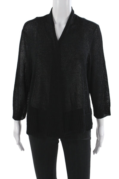 Eileen Fisher Womens Cardigan Black V-Neck 63% Linen 3/4 Sleeve Size 1X