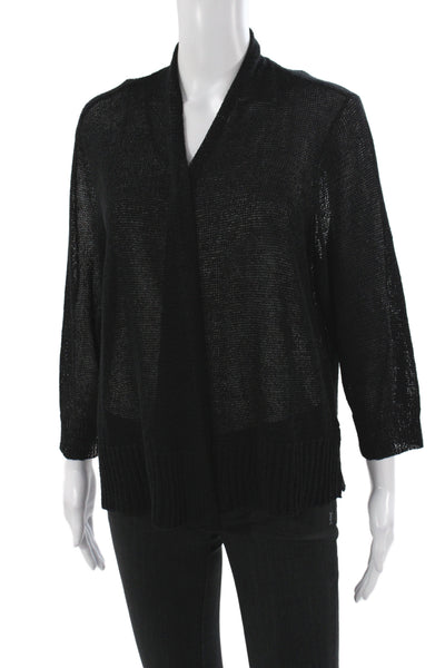 Eileen Fisher Womens Cardigan Black V-Neck 63% Linen 3/4 Sleeve Size 1X