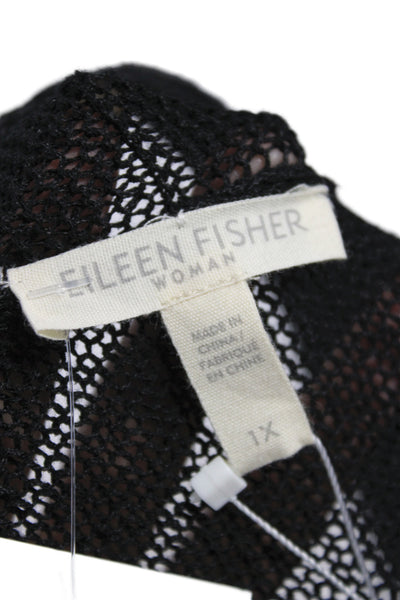 Eileen Fisher Womens Cardigan Black V-Neck 63% Linen 3/4 Sleeve Size 1X