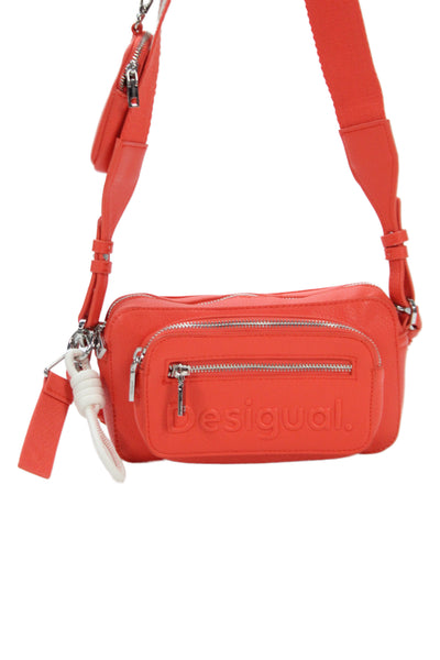 Desigual Womens Faux Leather Silver Tone Crossbody Shoulder Handbag Orange
