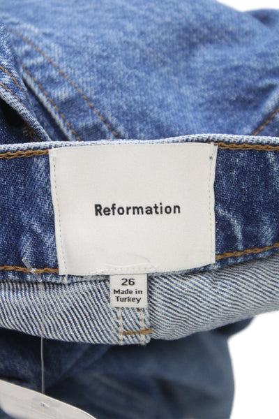 Reformation Women Blue Cropped High Rise Jeans Cotton Blend Button Fly Size 26