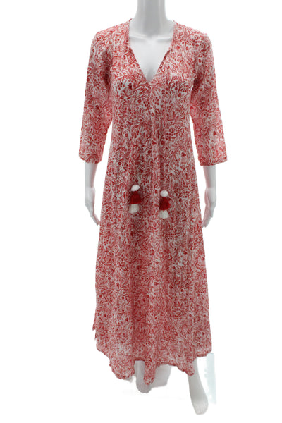 Guadalupe Womens Maxi Dress Red V-Neck Paisley 3/4 Sleeve Cotton Size S