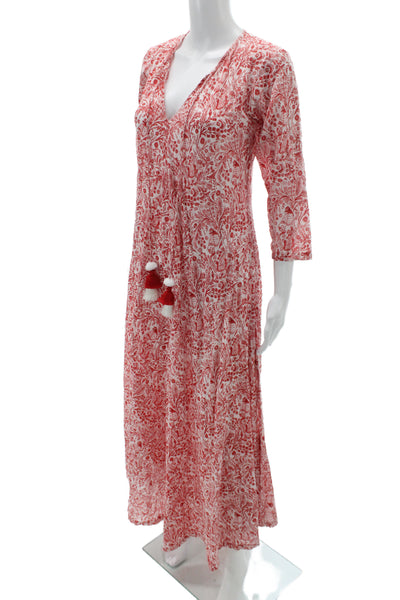 Guadalupe Womens Maxi Dress Red V-Neck Paisley 3/4 Sleeve Cotton Size S