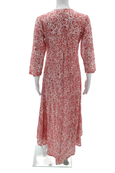 Guadalupe Womens Maxi Dress Red V-Neck Paisley 3/4 Sleeve Cotton Size S