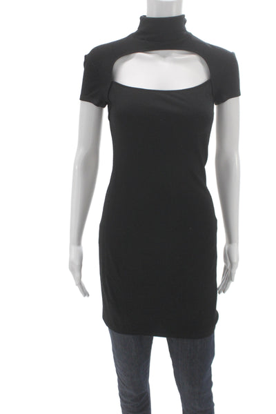 Helmut Lang Women Bodycon Dress Black Wool Mock Neck Short Sleeve Size XS