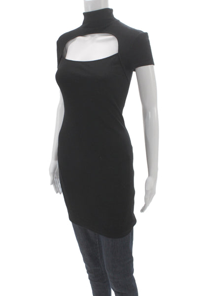Helmut Lang Women Bodycon Dress Black Wool Mock Neck Short Sleeve Size XS
