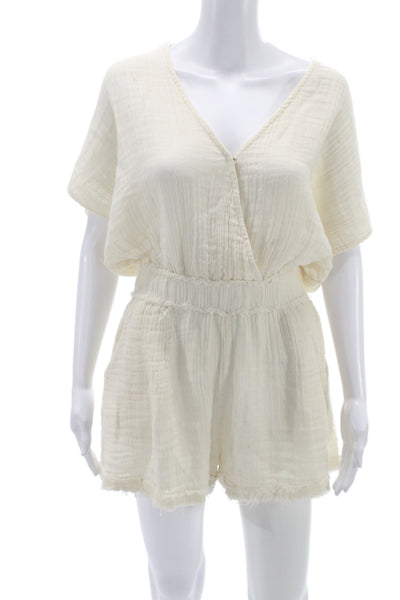Elan Women Romper Ivory Cotton V-Neck Short Sleeve Tie Closure Boho Size S