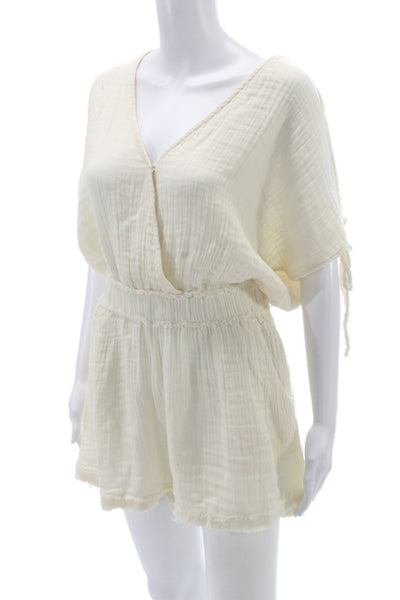 Elan Women Romper Ivory Cotton V-Neck Short Sleeve Tie Closure Boho Size S
