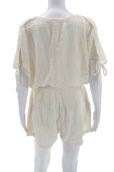Elan Women Romper Ivory Cotton V-Neck Short Sleeve Tie Closure Boho Size S