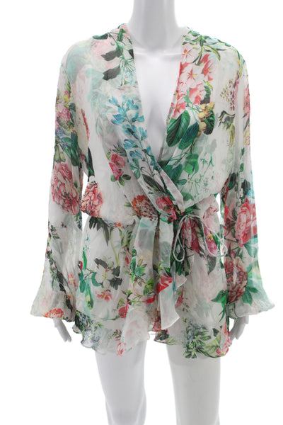 Rococo Sand Womens Kimono Blouse Multicolor Floral V Neck Long Sleeve Size M