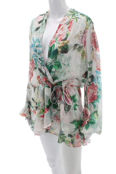 Rococo Sand Womens Kimono Blouse Multicolor Floral V Neck Long Sleeve Size M