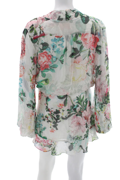 Rococo Sand Womens Kimono Blouse Multicolor Floral V Neck Long Sleeve Size M
