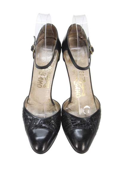 Salvatore Ferragamo Womens Ankle Strap Pumps Black Size 7.5 Extra Narrow
