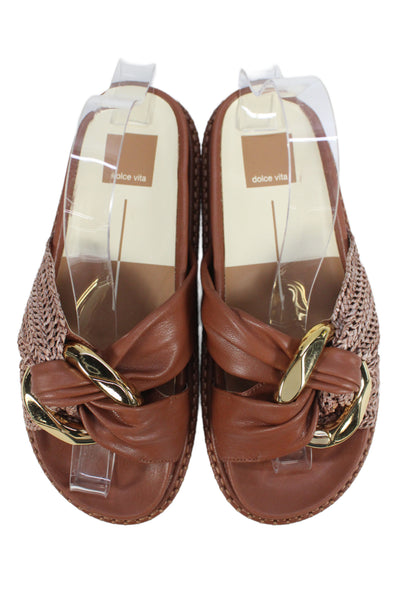 Dolce Vita Womens Leather Textured Chained Accent Platform Sandals Brown Size 5