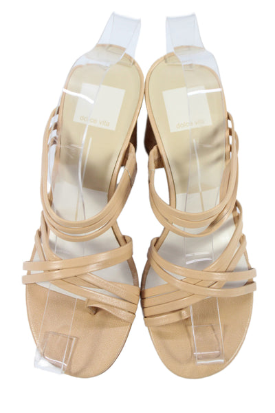 Dolce Vita Womens Leather Strappy Striped Block Heels Beige Size 6