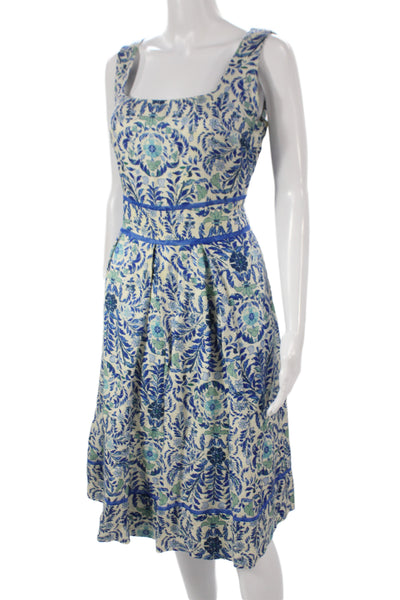 Tory Burch Women Fit & Flare Blue Linen Dress Sleeveless Size 10